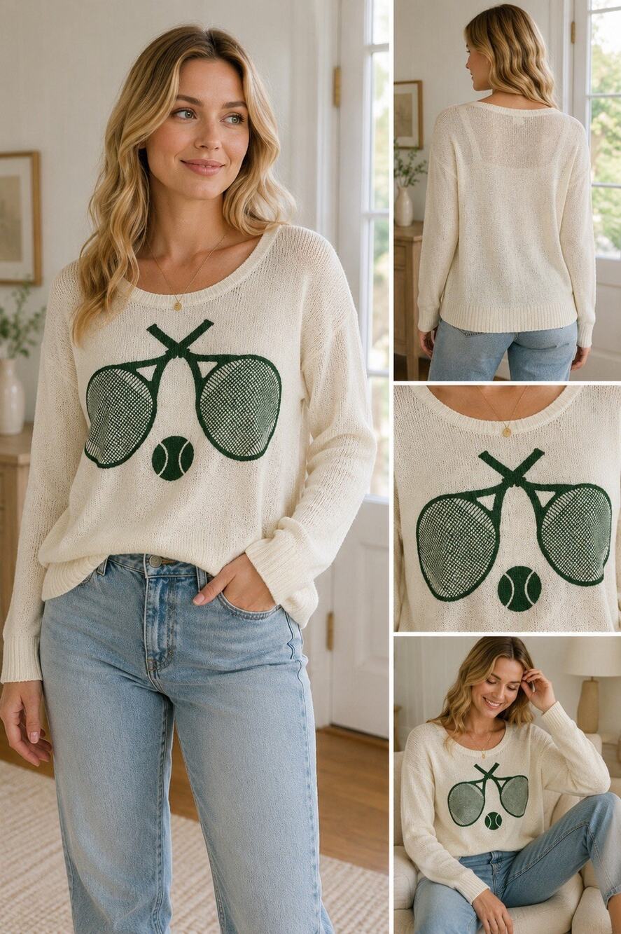 Simply Southern Women’s XL Cream Tennis Racket Graphic Lightweight Knit Sweater